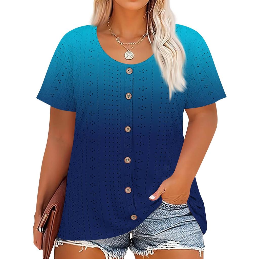 Plus Size Women's Fashion Casual Vintage Printed O-Neck Short Sleeve Button T-Shirt Top