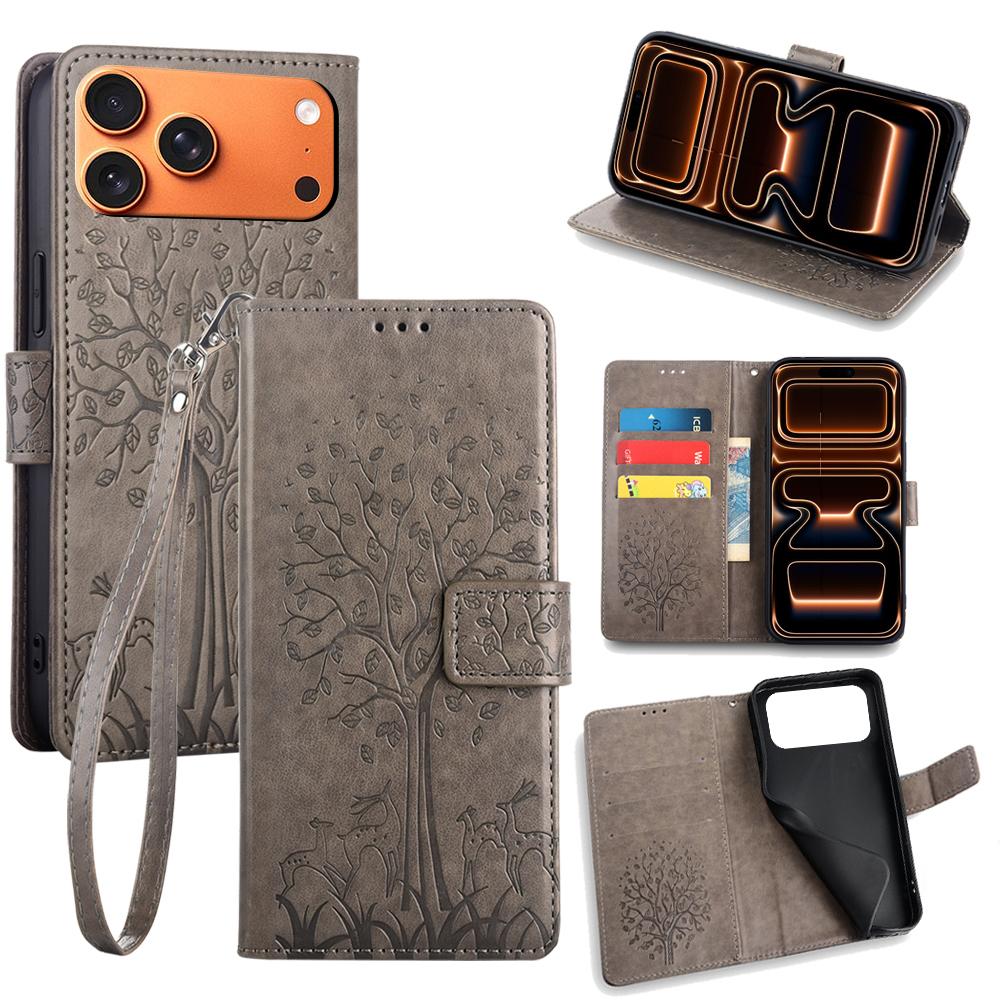 For iPhone 17 Pro Max Case PU Leather Wallet Phone Cover Tree Deer Imprinted