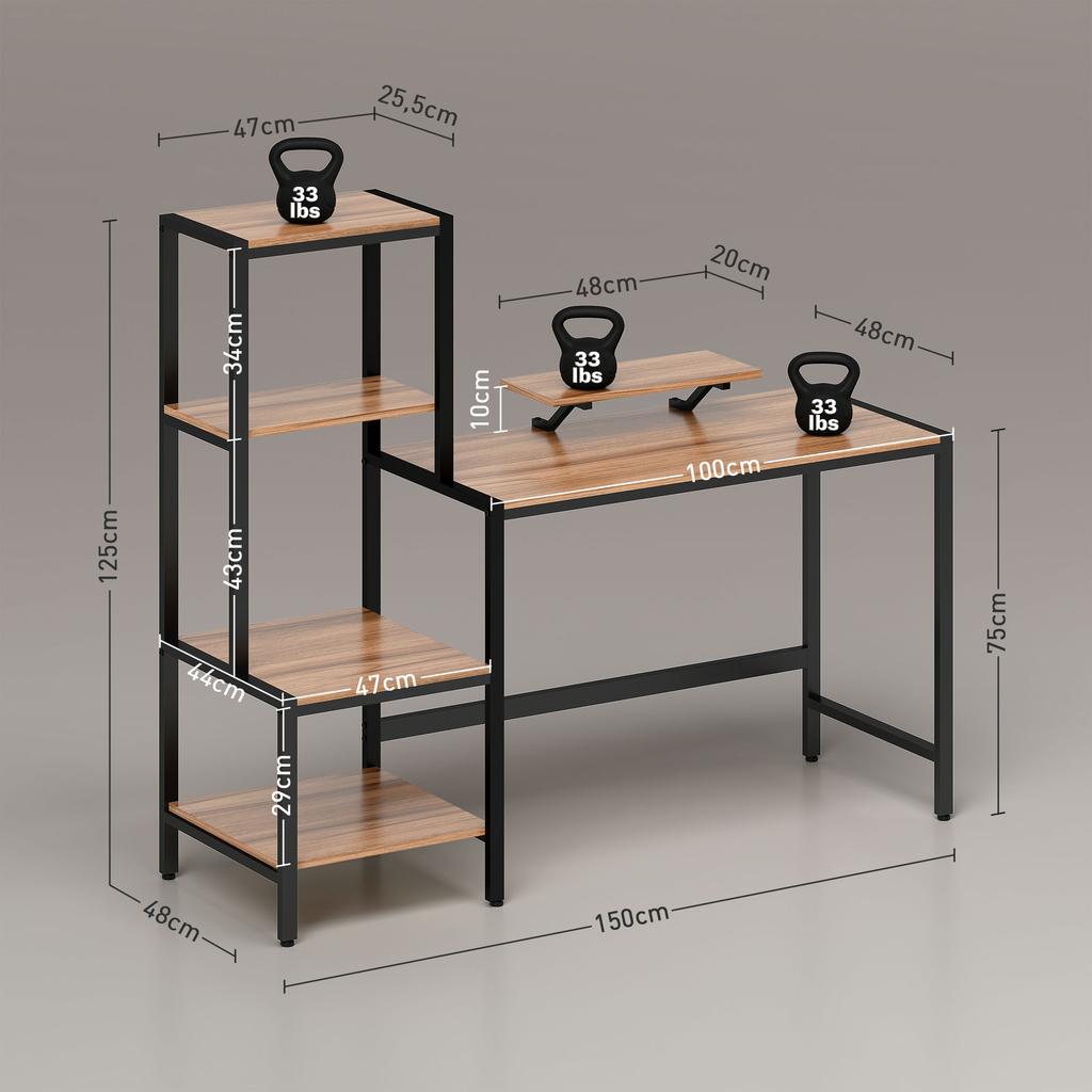 Computer Desk with Monitor Stand, Desk with 4-Tier Shelf, Industrial Design, Brown