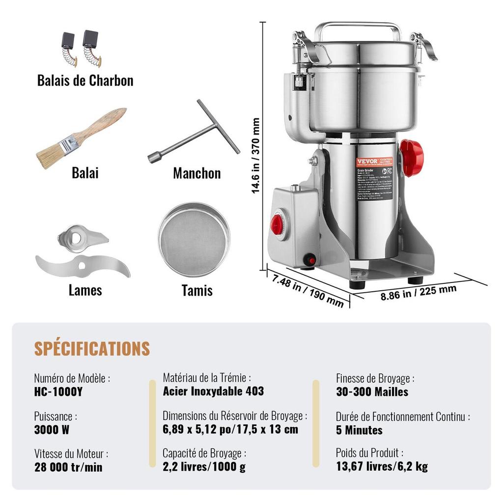 1000g Commercial Spice Grinder Electric Grain Mill Grinder High Speed