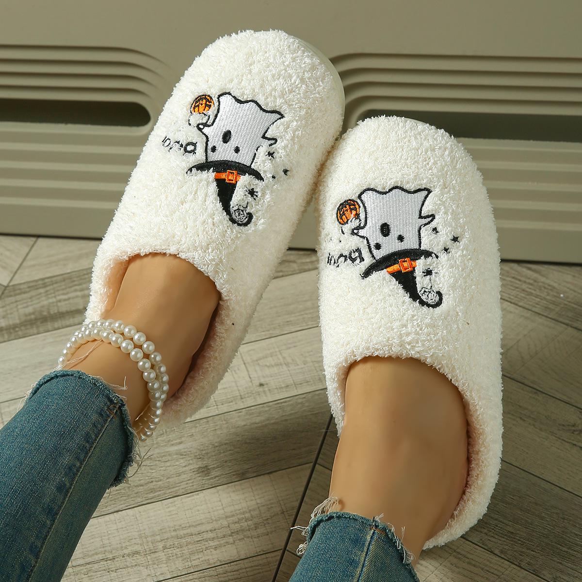 

2026 Хэллоуин Тыква Привидение Зимние Хлопковые Тапочки для Мужчин и Женщин - Уютный Домашний Парный Стиль M белый