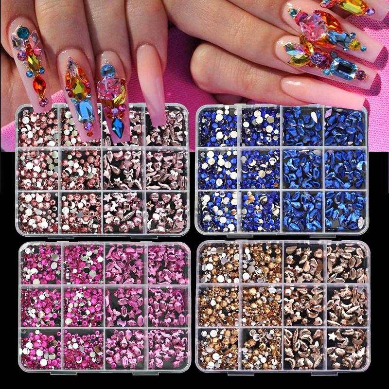 12 Grids Flat Bottom Mixed Nail Diamond 12 Color Nail Rhinestone Shiny Colorful Nail Gems Glass Stones Nail Charm