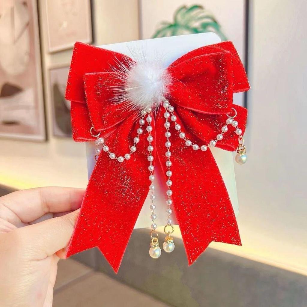 Girls' Bun Hairstyle Red Bow Hair Clip – Princess Headwear Accessory for Women & Children