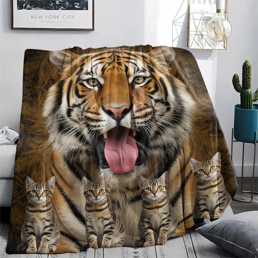 1Pc Tiger Lion Print Flannel Blanket, High Quality Comfortable for All Seasons, Home Decor, Warmth and Comfort, Perfect for Gifts