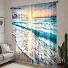 2-Piece Ocean Beach Sunset Curtains, Rod-Pocket Style Semi-Transparent Polyester Curtains, Tropical Coast Print Light-Filtering Curtains,