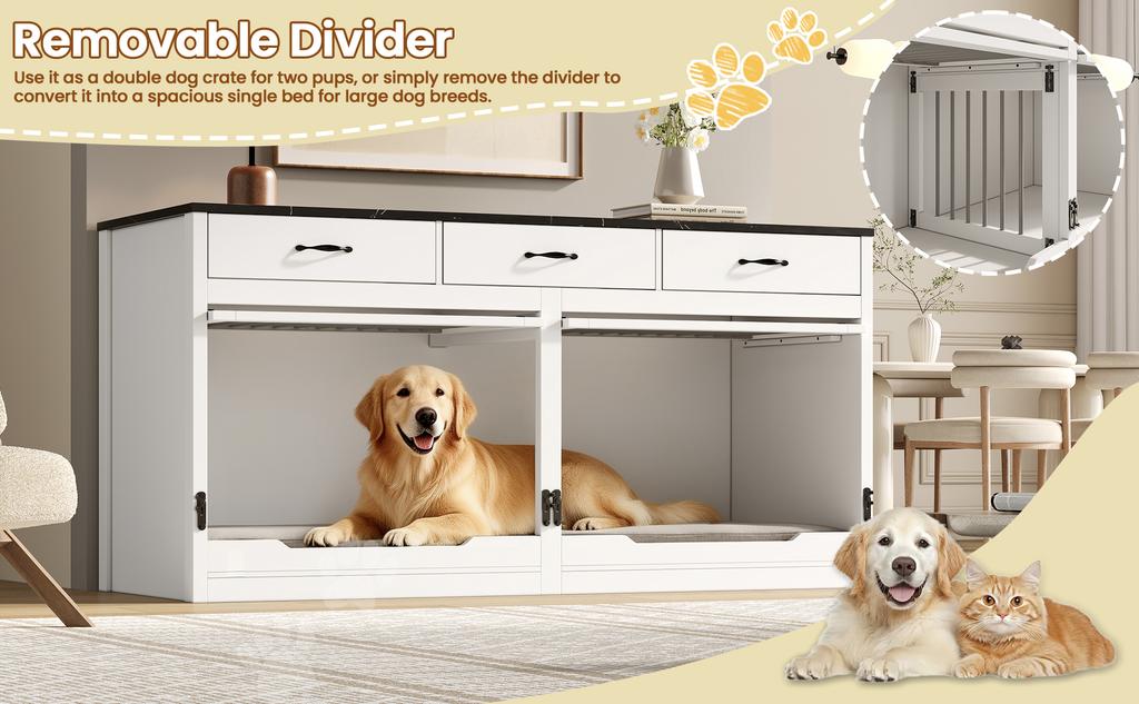 Holz-Metall Hundebox, für 2 Hunde, mit Schlossverschluss, Aufklappbare Tür, Herausnehmbare Trennwand, 3 Schubladen, Weiß & Schwarz, Übergröße, Maße 164×60×81 cm