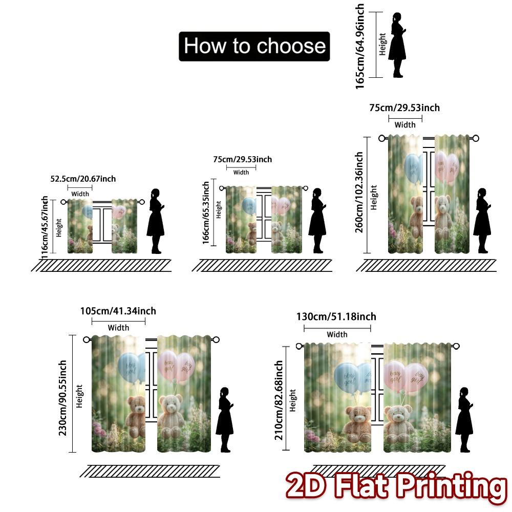 2pcs, 2D FLAT PRINTING Curtains (Without Rod) Teddy Balloons Light Filtering Popular Curtains Durable Polyester Curtains Thermal