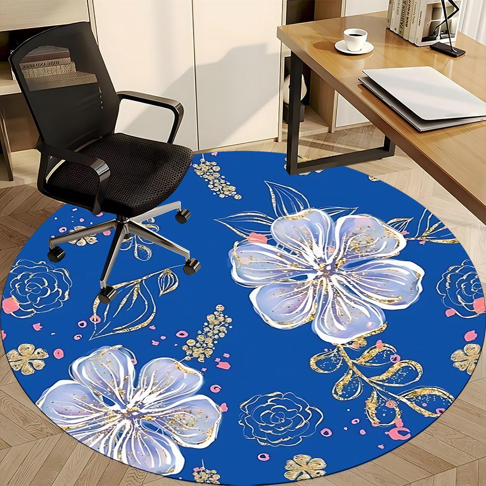 1pc Floral Blue Pattern Office Round Rug, Non-slip, Soft and Durable Office Rug for Interior Decoration, Perfect for Office, Beautiful Decoration yy26