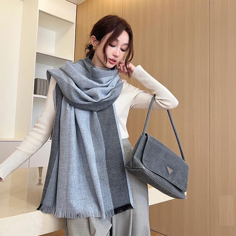Autumn and Winter Korean Style Fashion Versatile Minimalist Striped Wool Scarf Women's New Thickened Warm Simple High End Scarf