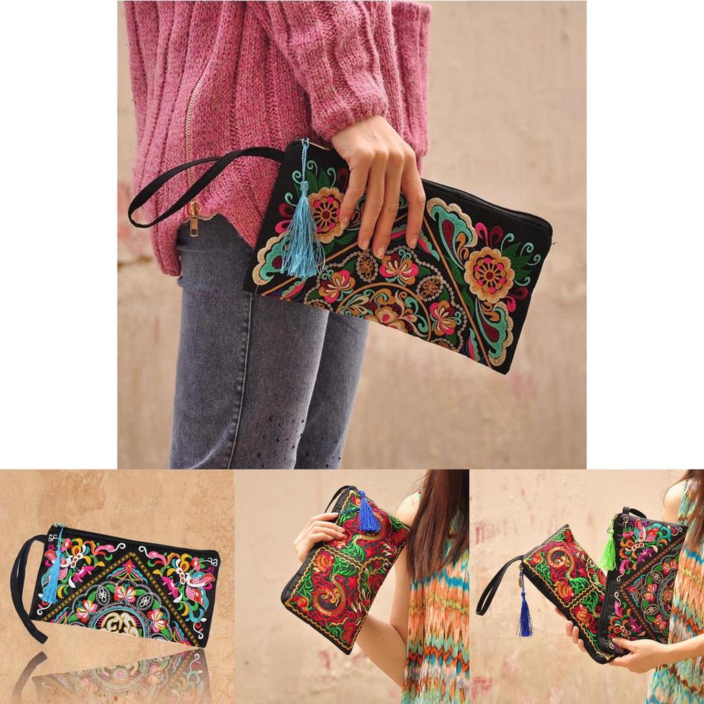 Ethnic Embroidered Long Wallet With Tassel Polyester Fabric Retro Style