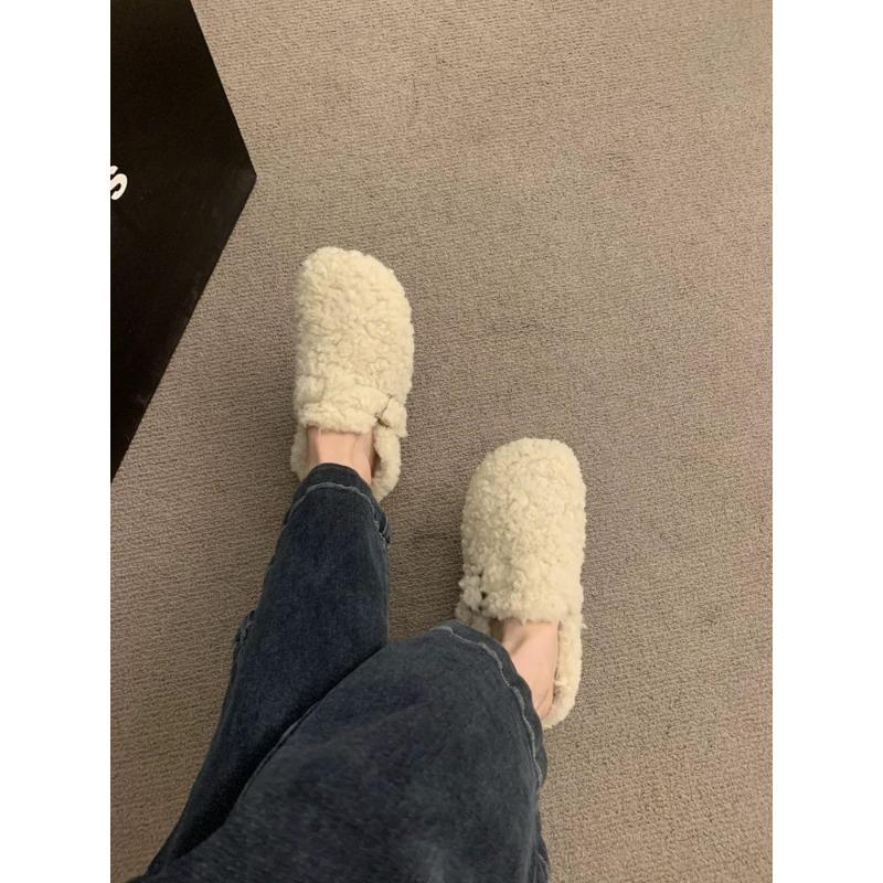 

Autumn and winter new warm and velvet lamb wool shoes women s fashion outer wear thick-soled bag head half slippers 35