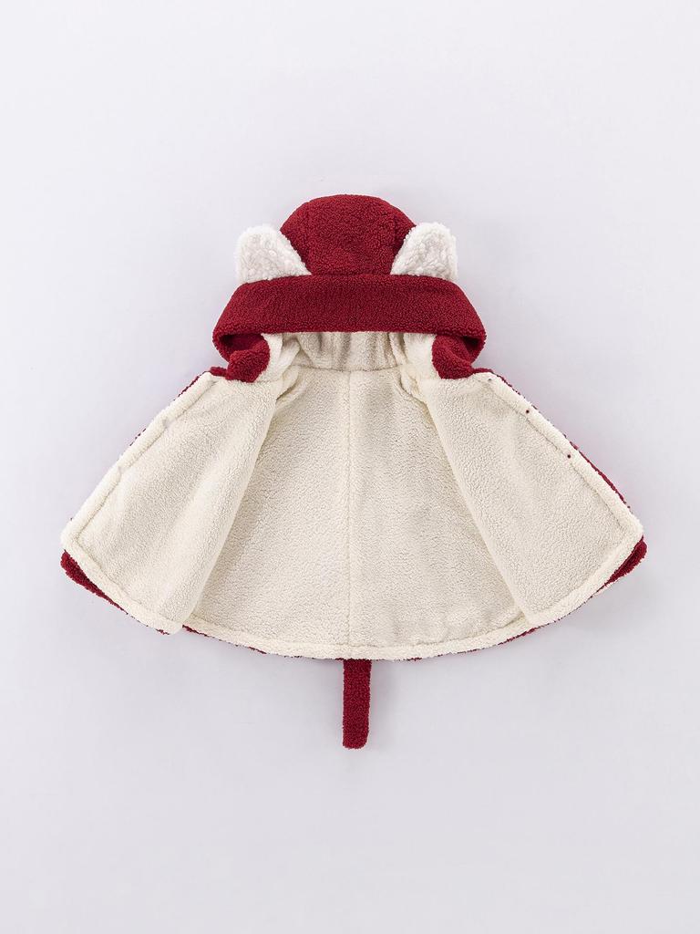 Dziecięcy Dziewczęcy Czerwony Zimowy Płaszcz Peleryna z Kapturem - Podszyty Polarem, Wiatroodporny