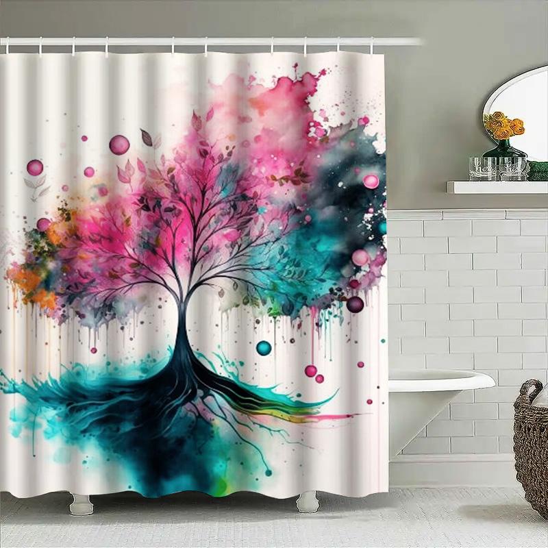 Vibrant Watercolor Shower Curtain Pink Blue Leaves Tree Design For Bathroom Decor