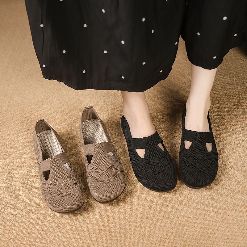 Xiaoxiangfeng simple casual breathable mother shoes hollow non-slip flat-soled Doudou shoes soft-soled single shoes women's 2025 new models