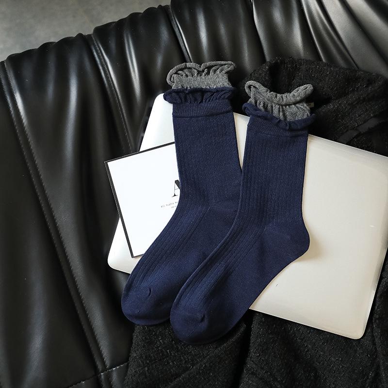 

Retro Women s Mid-Calf Pile Socks - Japanese Korean Style, Dark Blue Series, Trendy Fashion for Spring & Autumn Women s One Size (34-40)