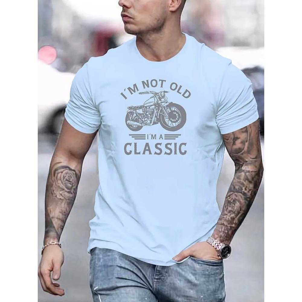 Summer men's 100% pure cotton casual loose oversized classic motorcycle creative printed round neck short sleeved T-shirt top