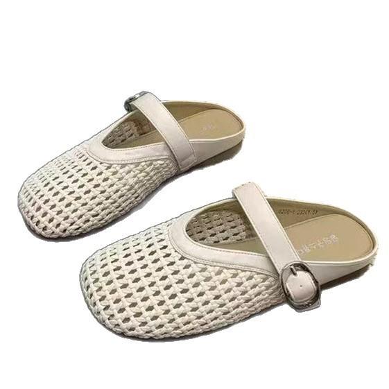 Hollow bag head half slippers women's breathable new summer mesh outer wear soft bottom slippers woven shallow mouth flat bottom sandals