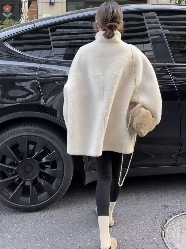 Women's Thick Shearling Stand Collar Jacket - Autumn/Winter, Loose Fit, Warm, Slimming Style