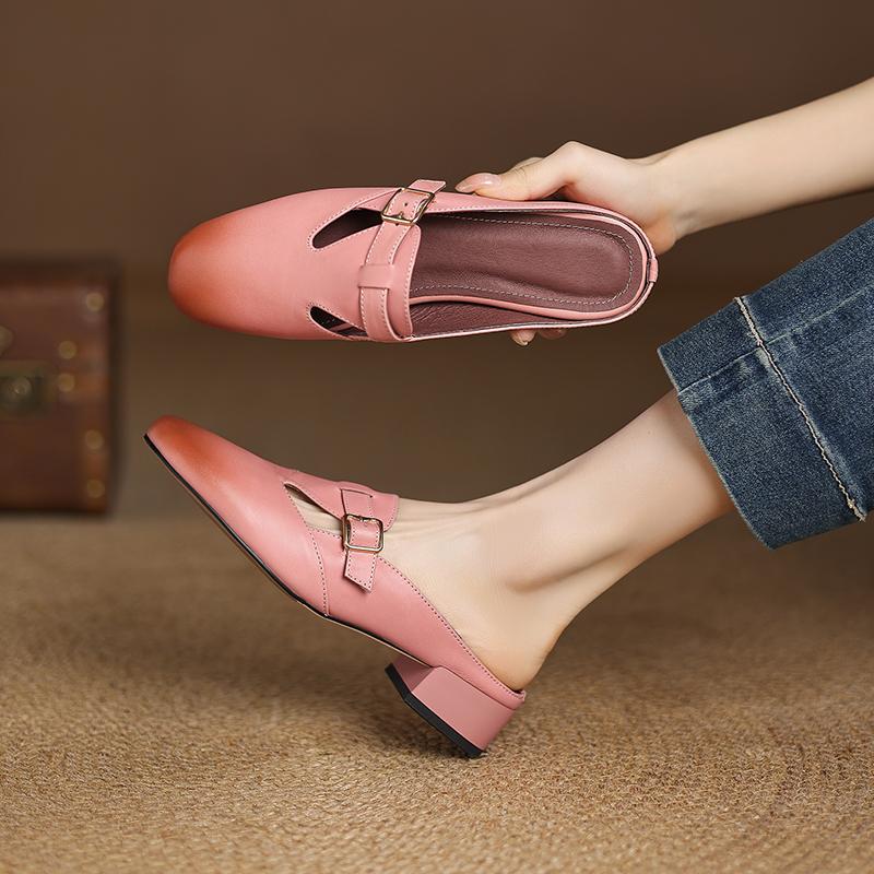Fashion Women's new summer genuine leather cowhide color blocked round toe, mid heel, plus size belt buckle, wrapped in Mueller slippers