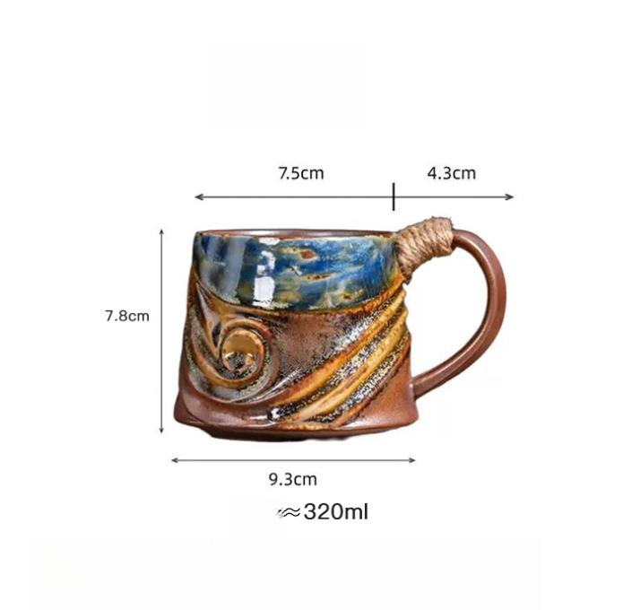 Coarse Ceramic Coffee Mugs, 320ml, Large Capacity, Wide Bottom, Transmutation Glaze Craft, Handmade Pottery Mug, Tea Cups with Hemp Rope Handle