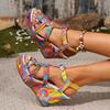 High Heel Sandals Women's New Cross-border Foreign Trade Large Size Wedge Embroidered One Line Buckle Peep Toe Platform Women