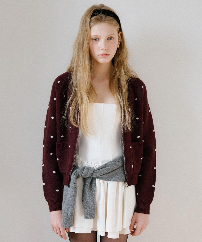 LETTER FROM MOON Dot Alpaca Wool Knit Zip-Up (Burgundy)