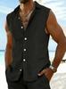 Men's Summer Cotton Sleeveless Shirt Vintage Solid Color Casual Vest Tops Beach Holiday Lightweight Breathable Male Tank Shirts