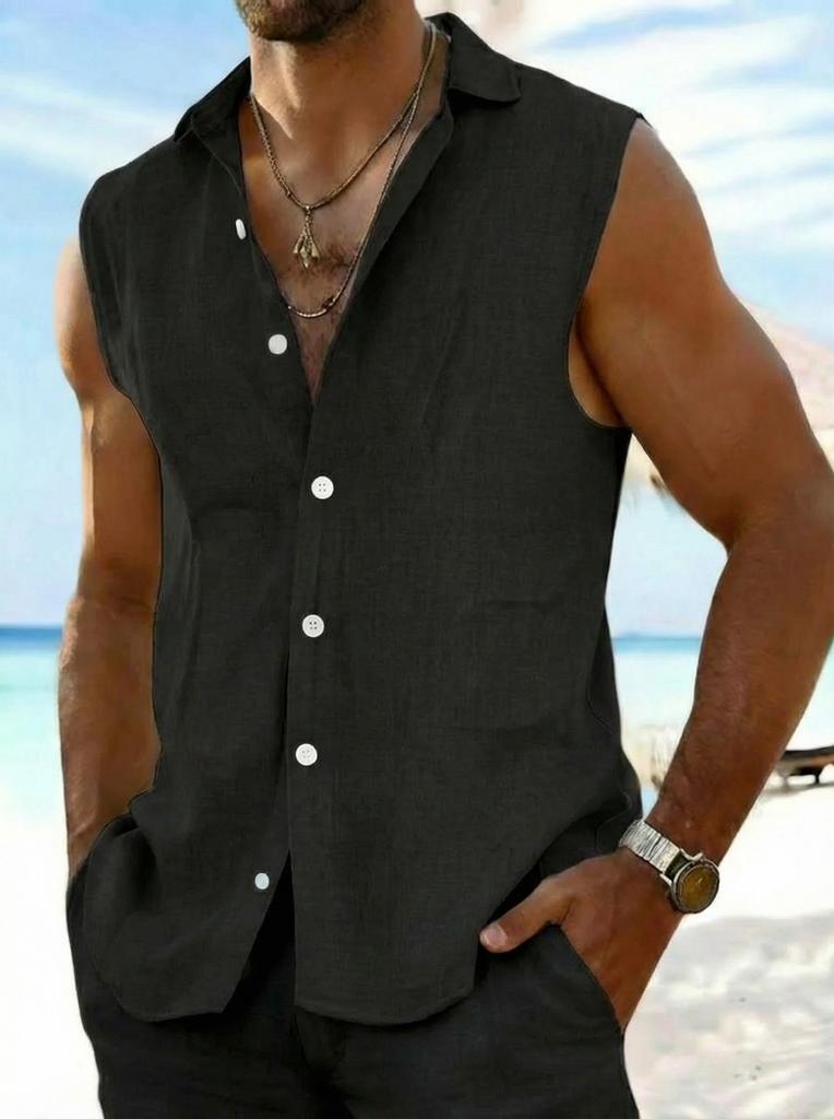 Men's Summer Cotton Sleeveless Shirt Vintage Solid Color Casual Vest Tops Beach Holiday Lightweight Breathable Male Tank Shirts