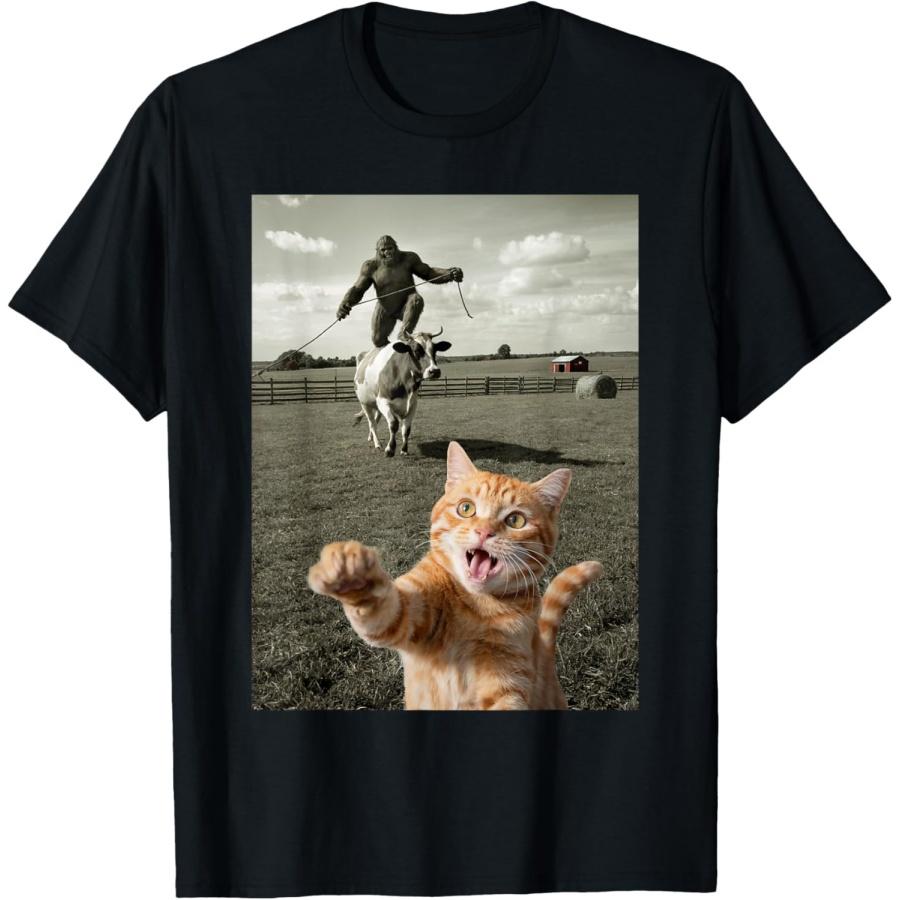 Cat Selfie Bigfoot Riding Cow Funny Cat Graphic T-Shirt S