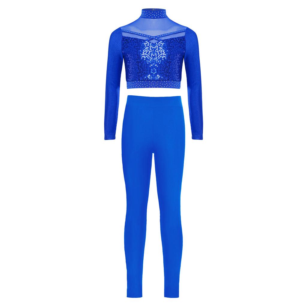 Girls Mock Neck Long Sleeve Mesh Patchwork Shiny Sequins Crop Top Elastic Waistband Leggings Jazz Dance