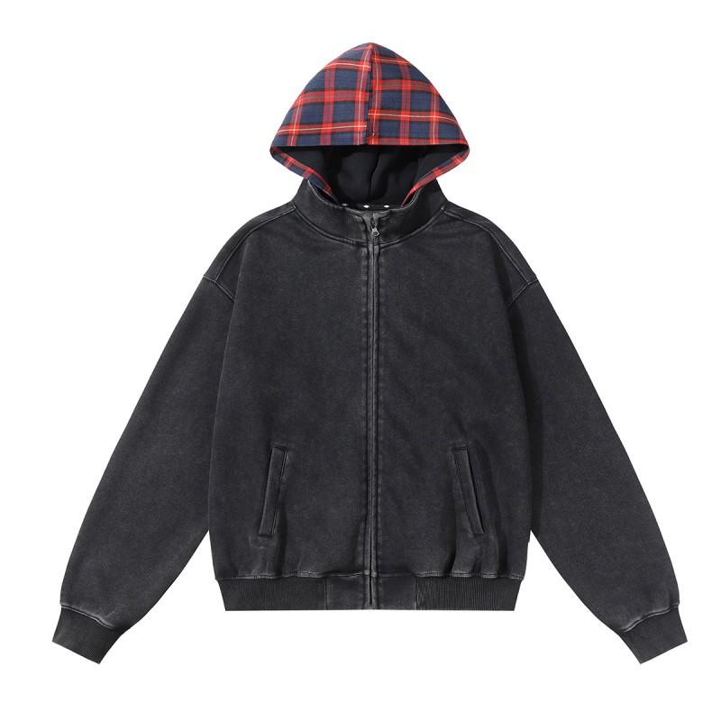 Mens Winter Oversized Hooded Sweatshirt With Washed Plaid Print Loose Fit Streetwear