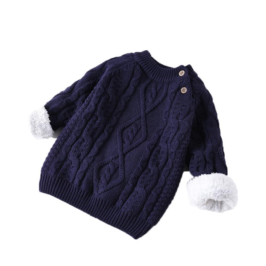 2025 Herbst/Winter Koreanischer Stil Gestrickter Baby Prinzessinnen Pullover, Mit Samt gefüttert, Verdickt mit Schulterknopf. Size 90 (Recommended height around 80 cm) dunkelblaue