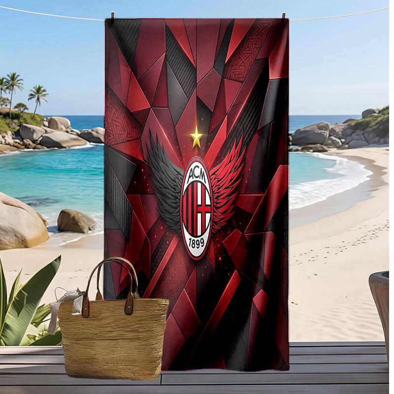 מגבת חוף מודפסת AC Milan, מגבת רכה מתייבשת במהירות, שמיכת חוף מלבנית גדולה ניידת לנסיעות, בריכה