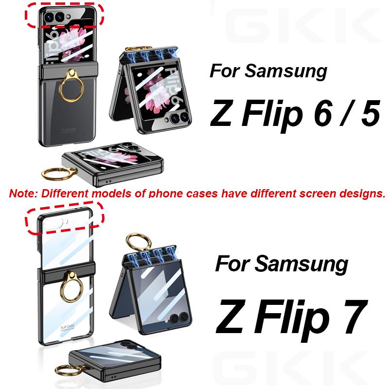 Luxury Plating Magnetic Hinge Case for Samsung Galaxy Z Flip 7 6 5 Screen Glass Ring Holder Hard Cover for Galaxy Z Flip7 Case