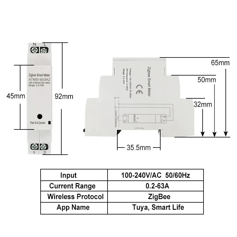 Smart ZigBee Energy Meter with 63A Clamp Current Transformer App Monitor Power Electricity Statistic AC100-240V Works with Tuya