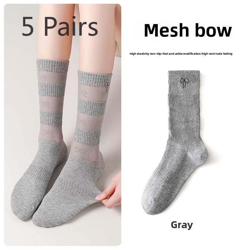 

5 пар женских летних тонких сетчатых дышащих и впитывающих пот носков с вышитым бантом в стиле пэчворк 5 Pairs серый