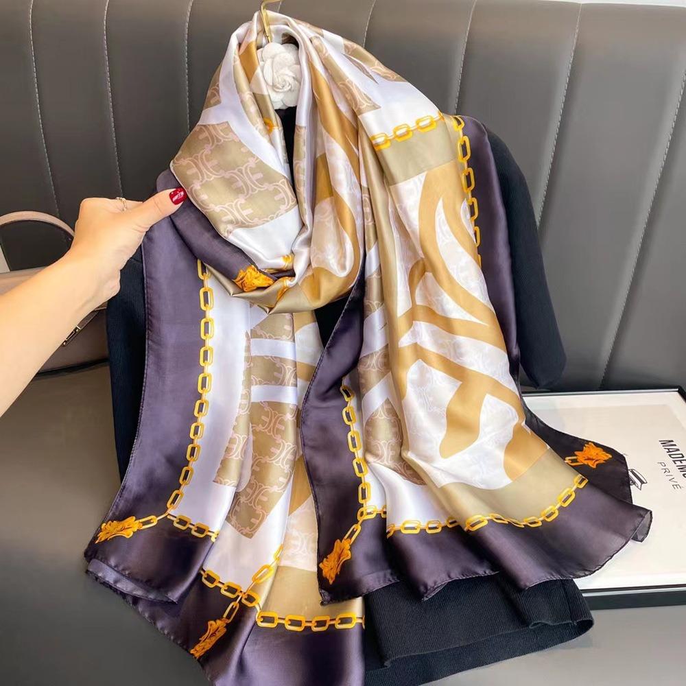 French Design L Silk Scarf Women's Long Satin Spinning Shawl High-end Light Luxury Ins Style Versatile Professional Wear