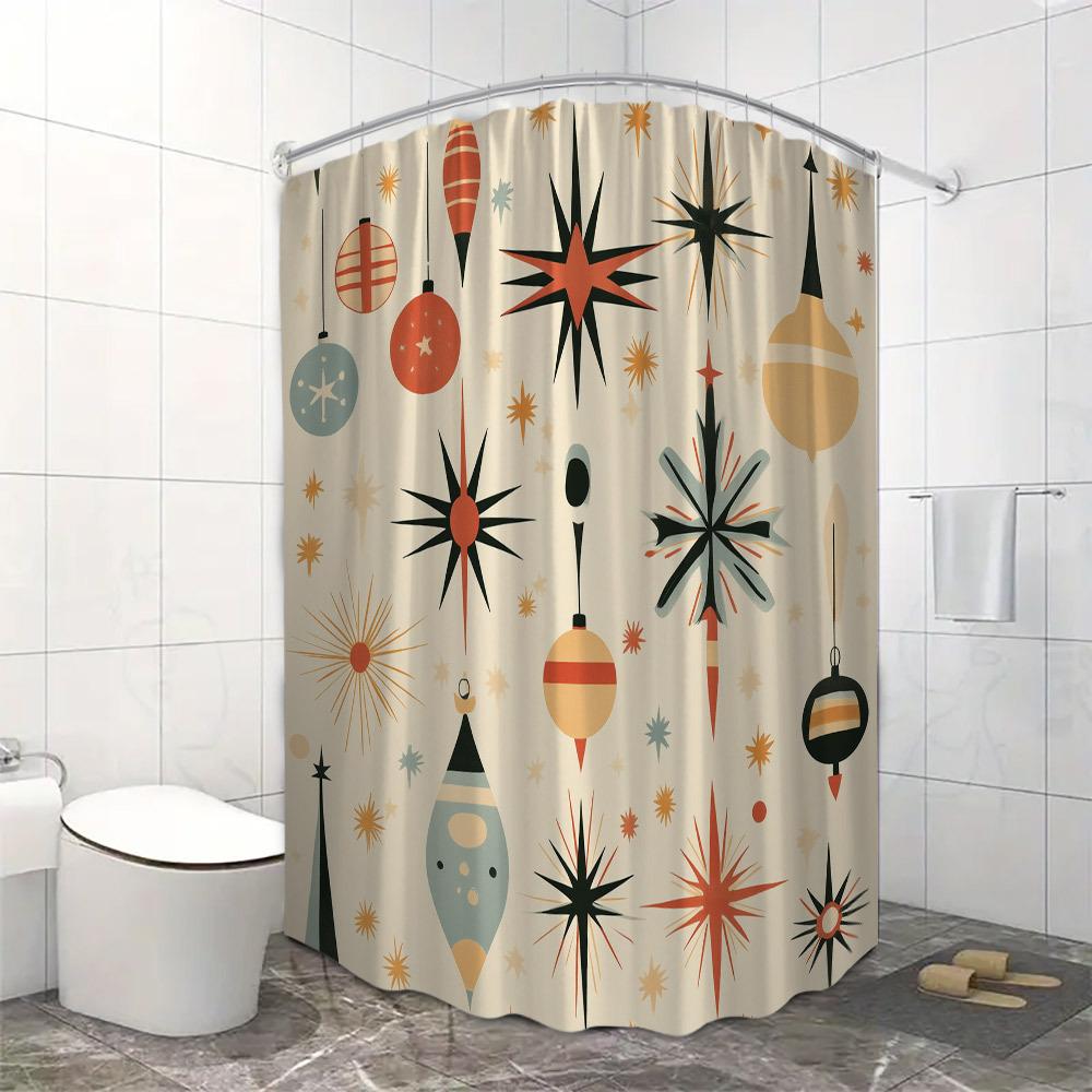 1pc Mid-Century Modern Christmas Shower Curtain,  Vintage Ornaments & Stars Design, Festive Holiday Bathroom Decor