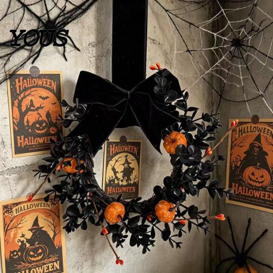 Spooky Wreath for Halloween Front Door, 9 Inch Pumpkin with Black Door Decoration Velvet Bow Home Porch Holiday Party Window Wall Decor