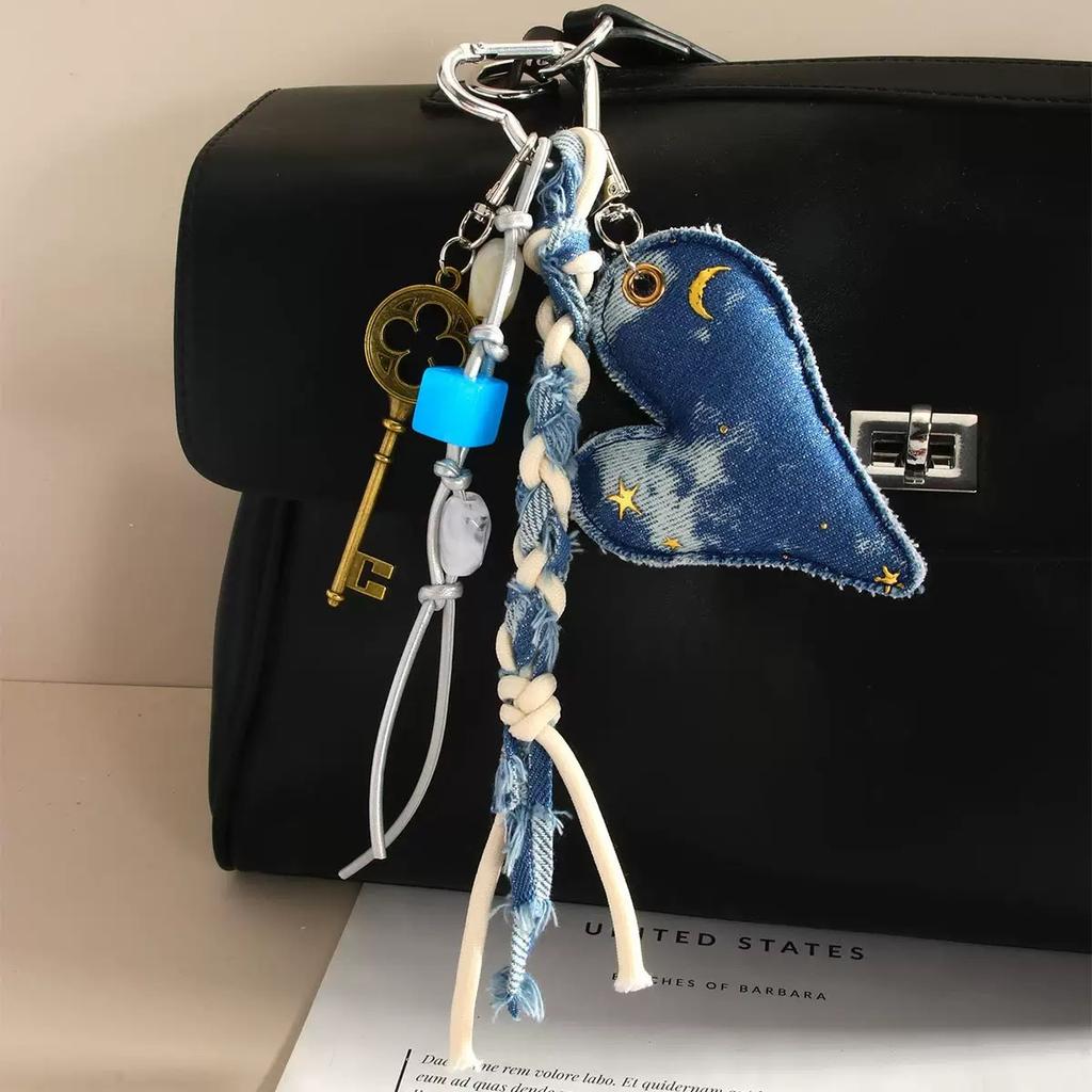 new product VINTAGE DENIM love heart Backpack pendant mushroom lace Key Chain Accessories braided rope