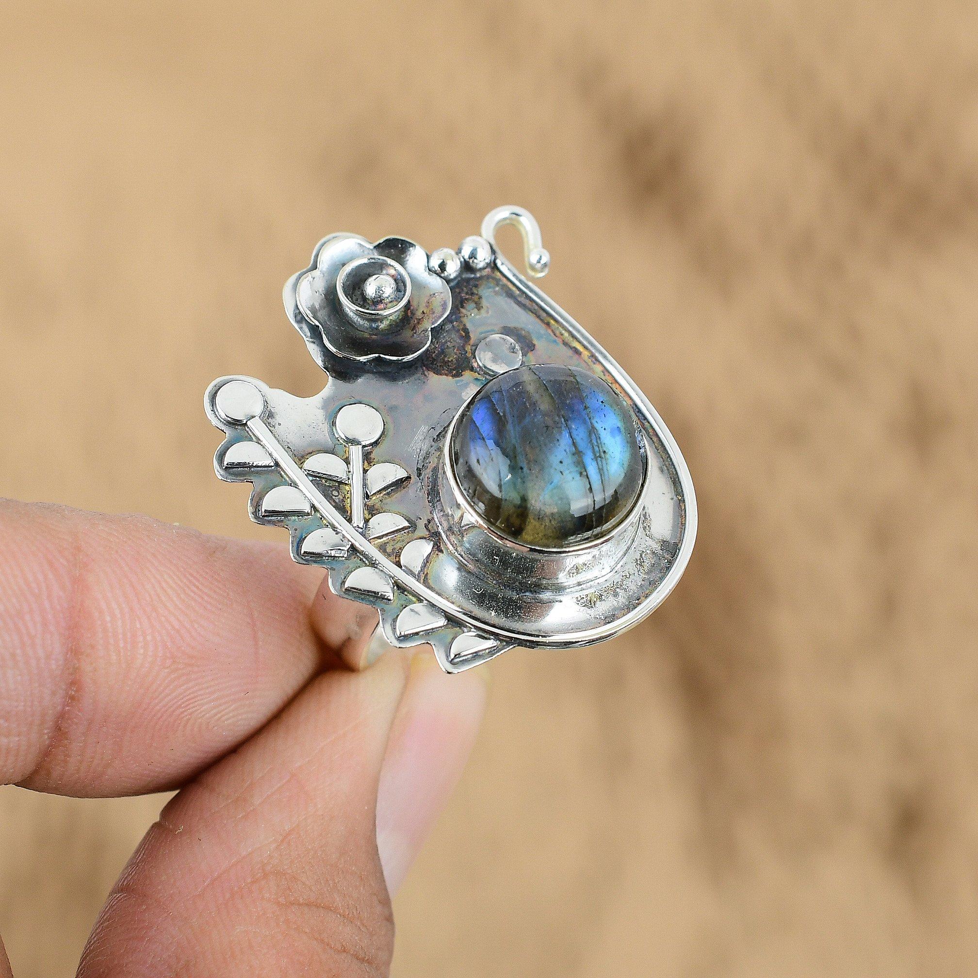 

925 Sterling Silver Round Labradorite Gemstone Boho Flower Promise Ring Jewelry Yes