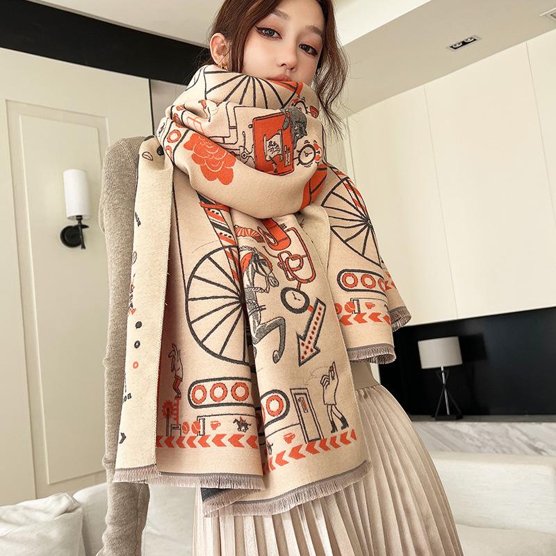 Thickened Double-sided Imitation Cashmere Scarf Shawl Retro Carriage Fashionable Imitation Cashmere Scarf for Women