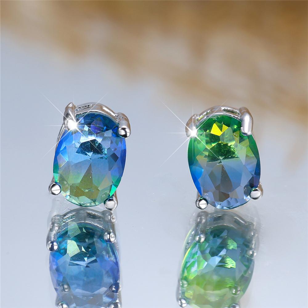 Female Cute Crystal Blue Green Zircon Stone Stud Earrings Vintage Silver Color Wedding Fashion Jewelry For Women