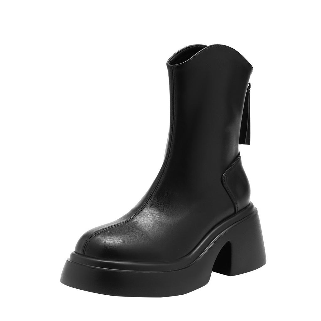 Plateauschuhe Martin StiefelDamen Britischer Stil Reißverschluss hinten V-Ausschnitt Stiefel dicker Absatz weiße Stiefeletten