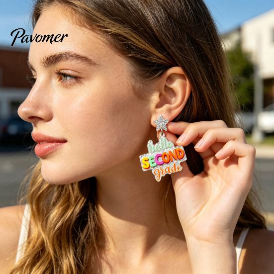Colorful Alphabet Drop Earrings 1 Pair Acrylic Letter Dangle for Women, Glitter Funny First Trendy Day of School Earring, Teacher Appreciation