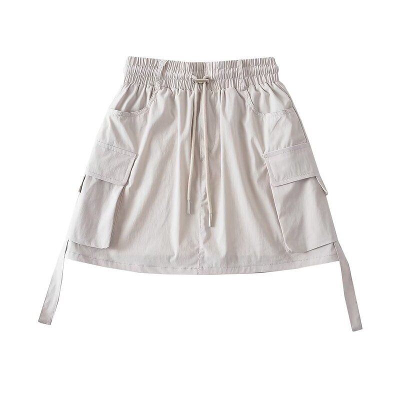 

Fashion Style Summer New Fashion Trendy Easiest for Match Elastic Waist Drawstring Casual Fashion Tape Pocket Ribbon Suit Skirt White M