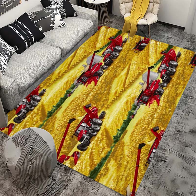 Farm Tractor Themed Play Rug, Soft Non-Slip Carpet with Green Harvesters & Crops Pattern, for Kids Bedroom & Playroom