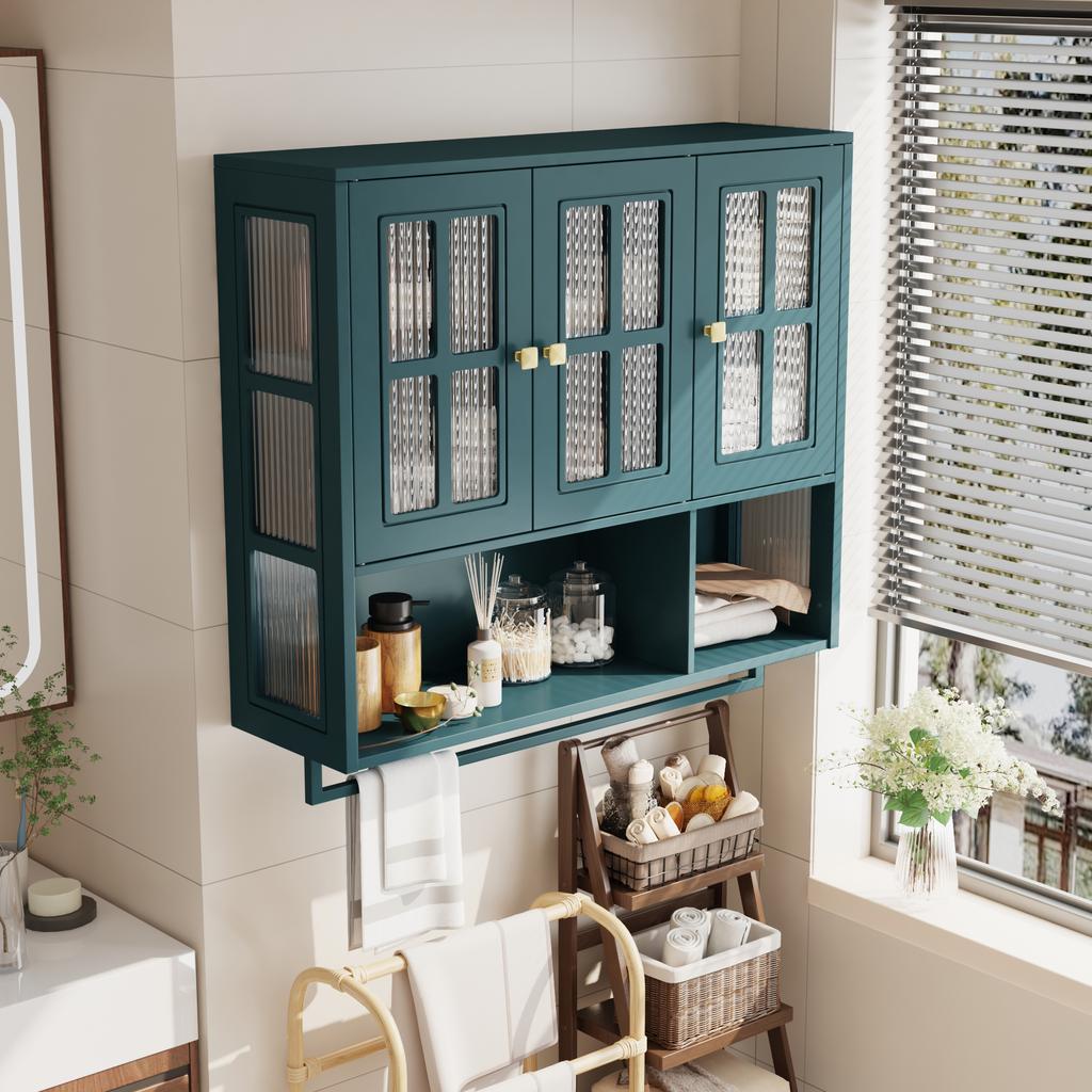 Bathroom Wall Cabinet, 3-Door, Open and Hidden Storage, Glass Door, Towel Bar, for Entryway Living Room Bathroom Dining Room, Dark Green
