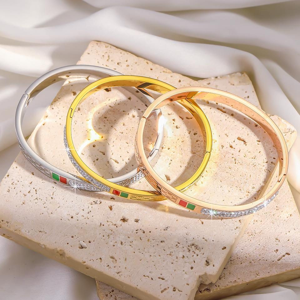 Htpwe Stainless Steel Red And Green Oil-dripping Zirconium Bracelet Women Plated 18k Couple Holiday Gift Bracelet Party Zircon