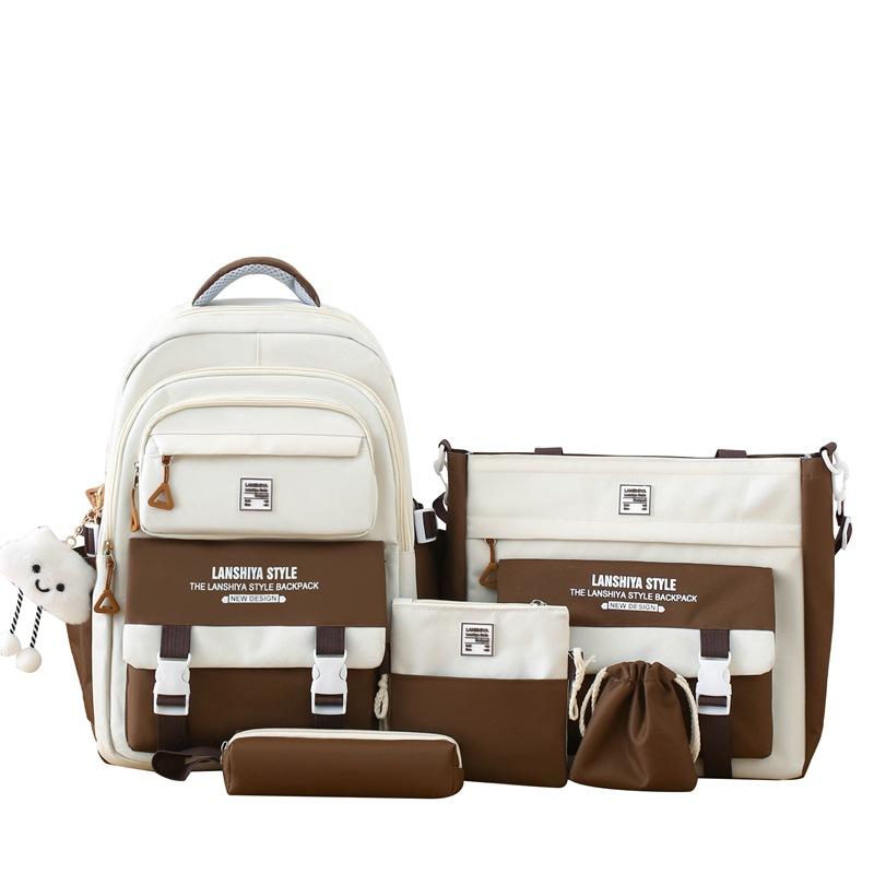 5-Piece Backpack Set Color Block Large Capacity School Bag Korean Style for High School College Students Travel